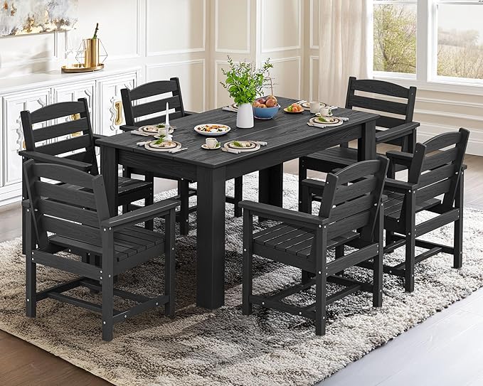 SERWALL Patio Dining Set for 6, Outdoor Dining Sets for 6 Person with 1 Umbrella Hole Cut-Out Rectangular Table and 6 Chairs, HDPE Dining Sets for Garden, Backyard, Poolside, Black
