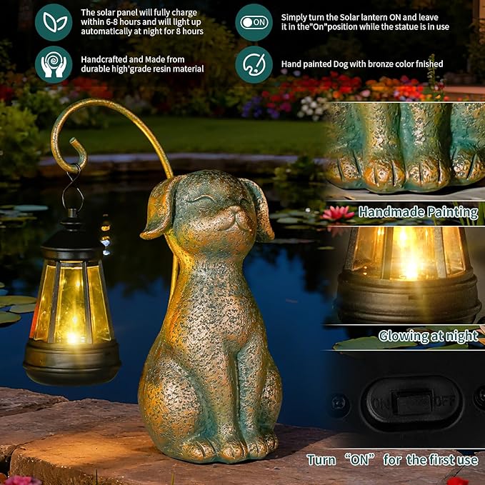 Solar Garden Decor Dog Statues with Lantern,Waterproof Resin Solar Outdoor Statue Decoration for Yard, Lawn, Flower Bed, Backyard, Front Yard, Patio, Balcony – Gift for Dog Lovers