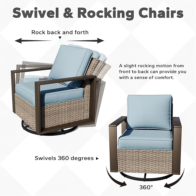 Joyside Outdoor Patio Swivel Rocker Chairs, 3 Pieces Wicker Furniture Set, 2 Swivel Rocking Chairs and 1 Table, Metal Wide Armrest, Thick Cushions and Deep Seating for Garden, Backyard, Porch, Deck