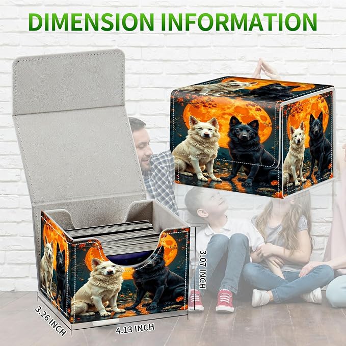 Card Deck Box for MTG, Cards Storage Box Fits 120+ Sleeved, Leather Small Size Strong Magnetic Closing Card Case for Board Games Magic TCG CCG Baseball Collection, Black White Wolf