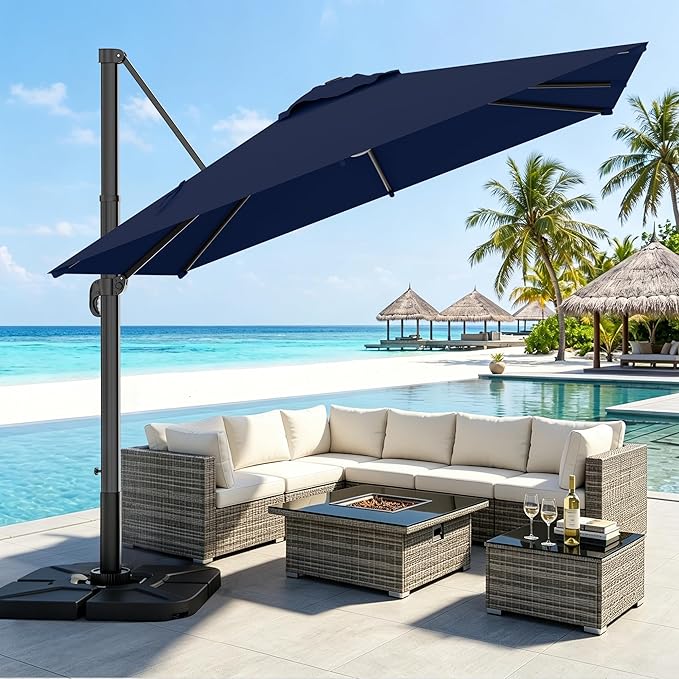 AreShark 9 × 9FT Square Cantilever Patio Umbrella with Base Included, 360° Rotation Offset Outdoor Umbrella, 5 Tilt Settings Heavy Duty Hanging Parasol for Deck Garden Pool, Navy