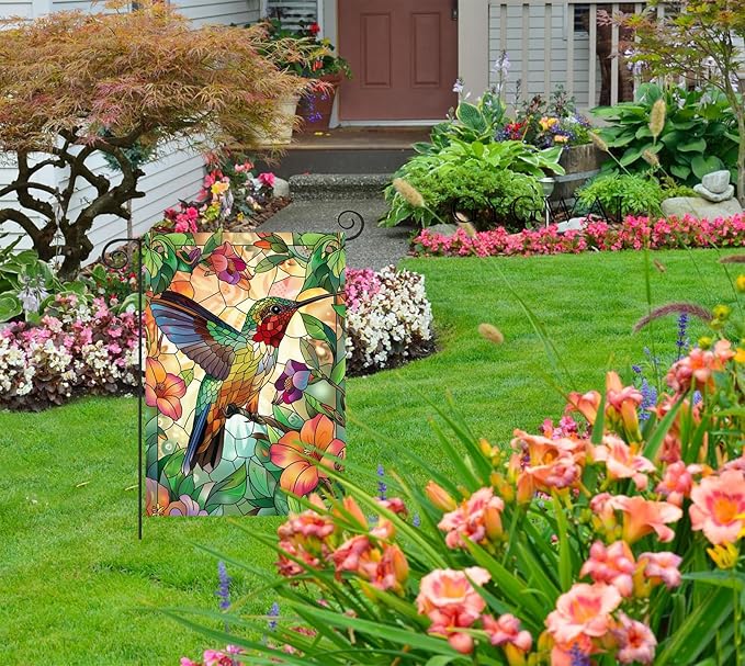Stained Glass Spring Hummingbird Garden Flag 12x18 Double Sided Floral Small Burlap Yard Flag for Outdoor Outside Decor