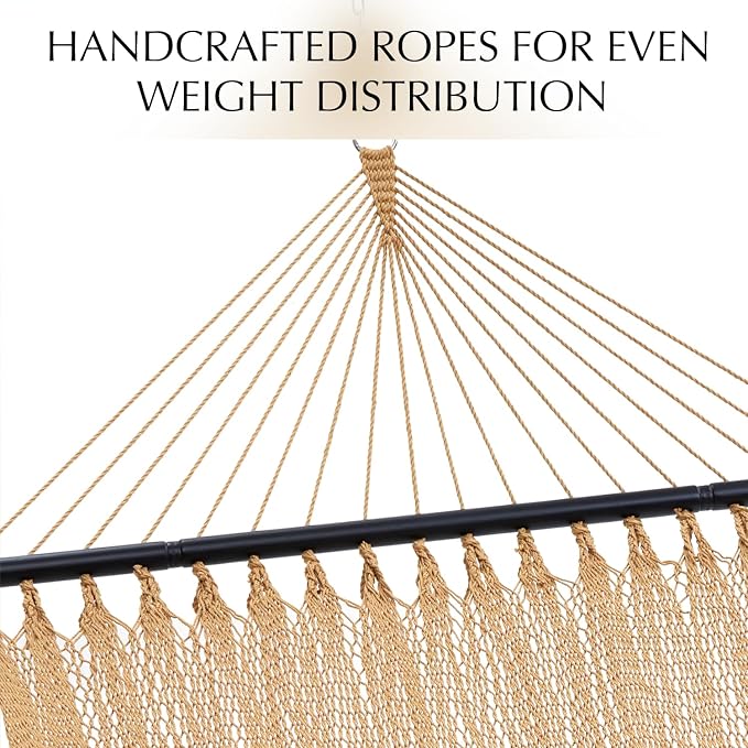 PNAEUT 2 Person Caribbean Rope Hammocks for Outside, 12ft Handwoven Polyester Double Hammock with Spreader Bar for Outdoor Indoor, Max 600 lbs Capacity (Tan)