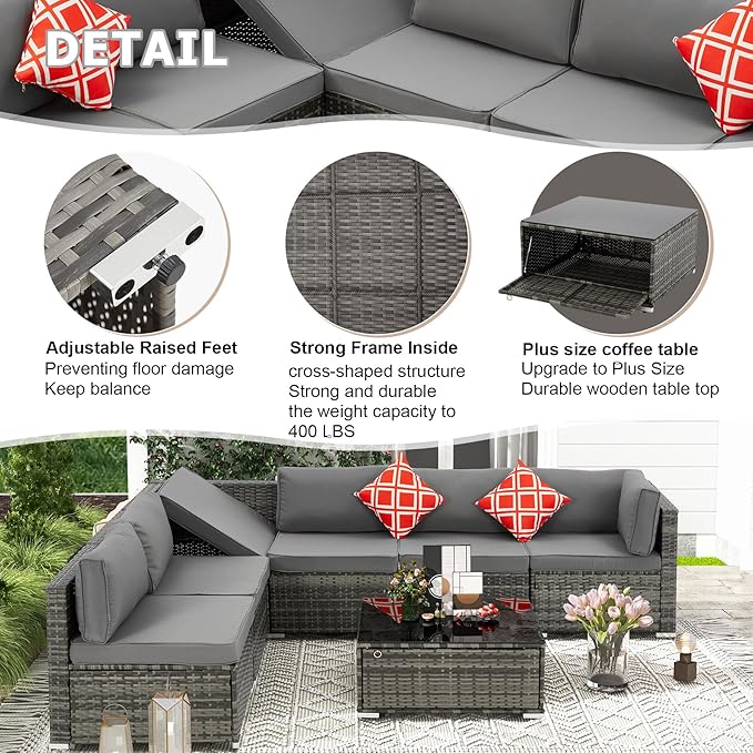 7 Piece Patio Furniture Set with Adjustable Bracket Grey Wicker Rattan Patio Conversation Sets Sectional Sofa Set with Table and Cushions for Porch Lawn Garden, Grey