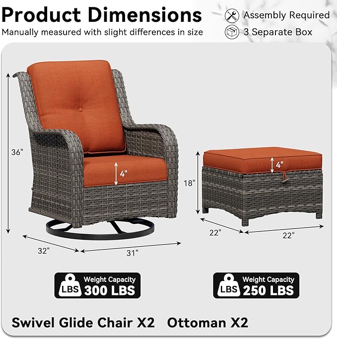 4 Piece Outdoor Wicker Patio Furniture Set, Outdoor Swivel Rocker Patio Chairs Set with Thickened Olefin Cushions, High Back and Deep Seating, Hand-Woven PE Rattan, Ottoman for Porch, Deck