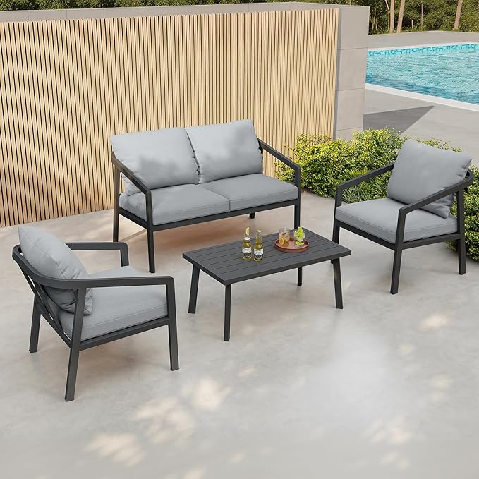 4 Pieces Outdoor Sofa Set, Never-Rust Aluminum Patio Conversation Set with Removable Cushions, Patio Furniture Set with Patio Loveseat, 2 Sofa Armchairs and Coffee Table for Pool, Deck, Black