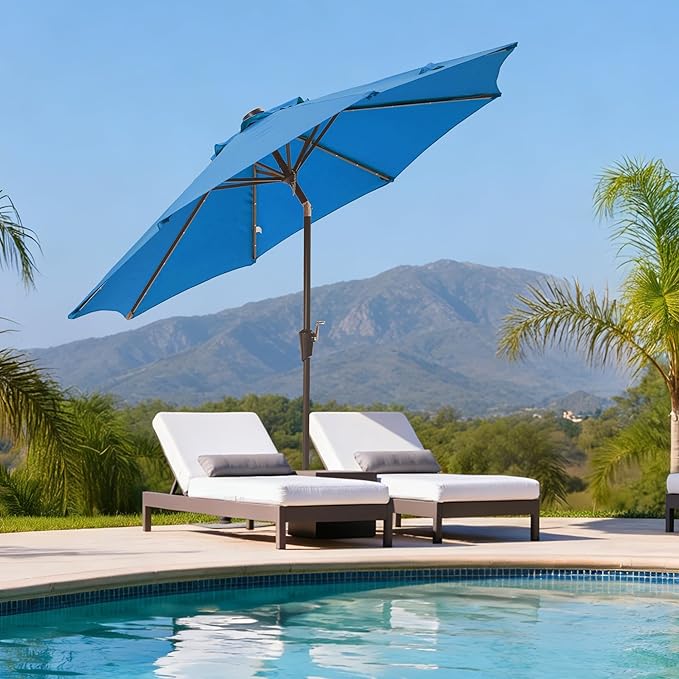 9FT Solar-Powered LED Patio Umbrella with Tilt Crank,Outdoor Market Umbrella with 32 Lights,Sunshade for Deck, Garden and Pool