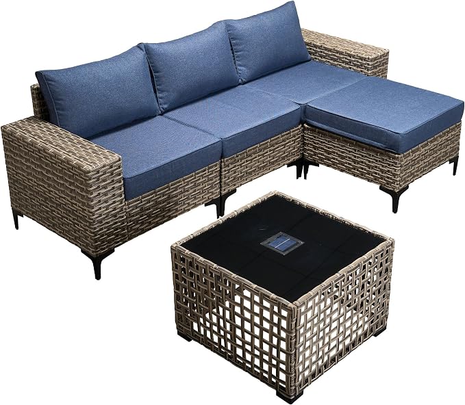 5-Piece Wicker Outdoor Sectional Furniture, Wide Armrest L-Shaped Patio Couch Set with Ottoman Thick Cushion, Modular Conversation Sets with Solar Table for Backyard Porch Balcony, Denim Blue