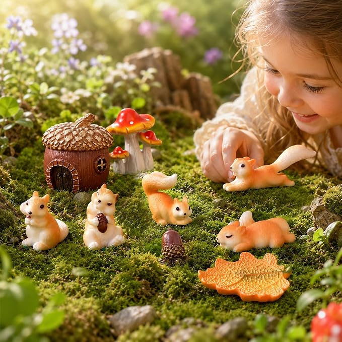 Fairy Garden Accessories, 9 Pieces Squirrel Resin Figures with Pinecone House Mushroom Leaf, Handmade Miniature Decor, Garden Miniatures Decors for Outdoor Home, Perfect DIY Gift