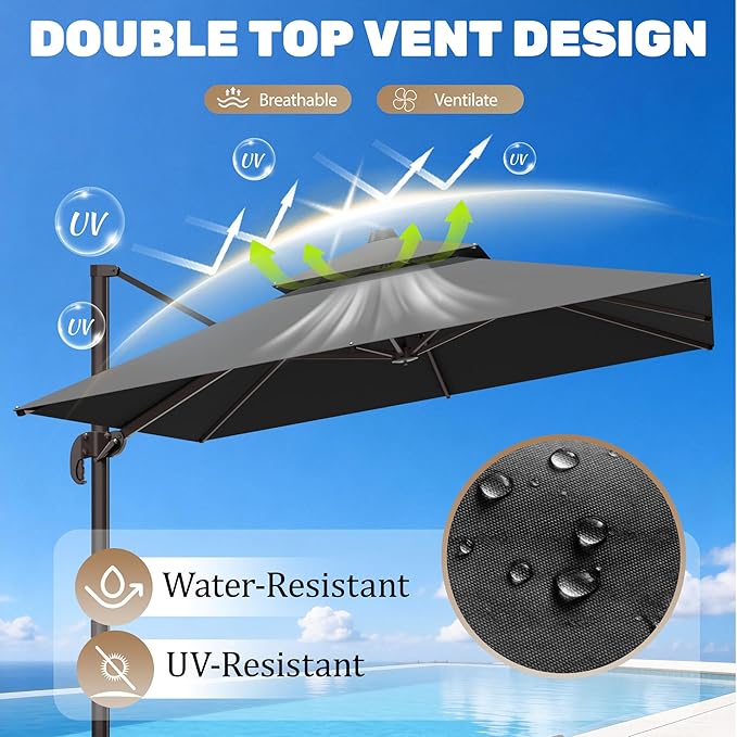 10x10Ft Patio Umbrella Outdoor Cantilever Rectangle Umbrella, 6-Level Tilt & 360° Rotation Offset Umbrella for Garden, Deck, Pool(Grey)
