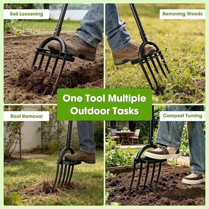 Broadfork Garden Tool, 51IN Pitch Fork for Gardening 5-Tine Heavy Duty Garden Fork with Ergonomic D-Grip Handle for Digging Loosening Soil Cultivating Weeding Composting