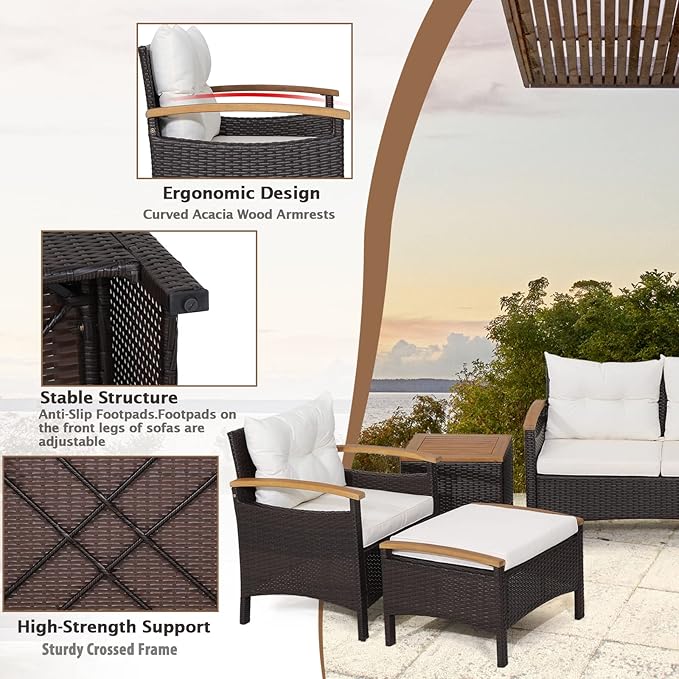 Tangkula 7 Pieces Patio Rattan Sofa Set, Outdoor Wicker Conversation Set w/Seat & Back Cushions, 2 Ottomans & 2 Coffee Tables, Acacia Wood Tabletop & Armrests, Wicker Sofa Set for Backyard, Poolside