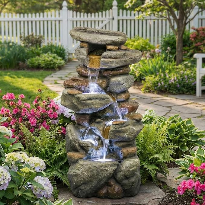 Outdoor Water Fountain Large 30'' - Resin Waterfall Fountain with LED Light, 5-Tiers Cascading Rock Outdoor Water Fountain for Patio, Yard, Garden, Backyard, Decking with Natural Stone Look