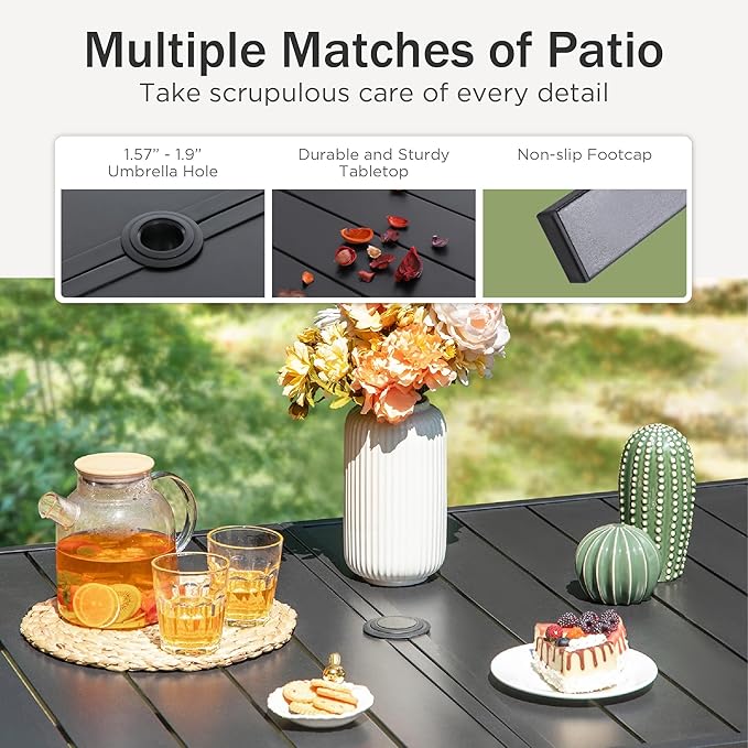 PHI VILLA Outdoor Dining Set for 6 Person, Rectangle Metal Slat Table with Umbrella Holes and 2 Swivel & 4 Fixed Chairs All Weather Patio Table and Chairs for Deck Garden Yard