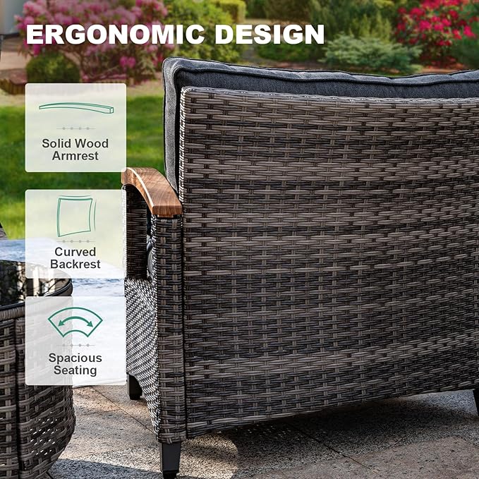 MEISSALIVVE 8 Piece Outdoor Patio Furniture Set, Half-Moon Curved Sectional Set with Wood Armrests, Patio Conversation Set, 2 Half-Moon Ottomans，Coffee & Side Tables (Grey)