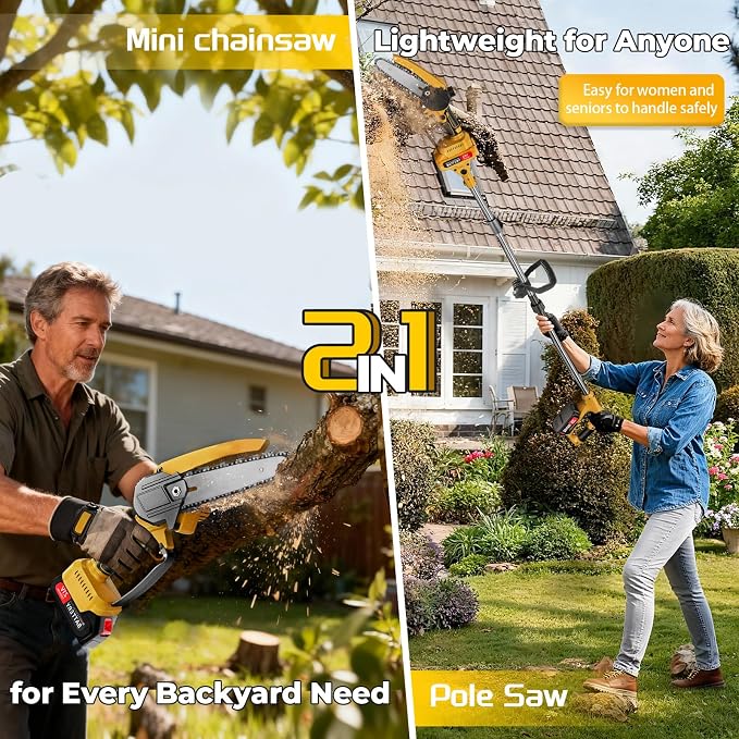 2-in-1 Cordless Pole Saw & Mini Chainsaw, 6-Inch Battery Powered Tree Trimmer with 4.4ft Extension Pole, 2 Batteries | Safe High Branch Pruning for Homeowners