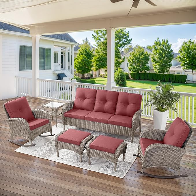 Belord 5 Piece Patio Rocking Chairs Furniture Set - Outdoor Wicker Furniture with Ottomans and Side Table, Rattan Conversation Bistro Set for Porch Balcony Backyard