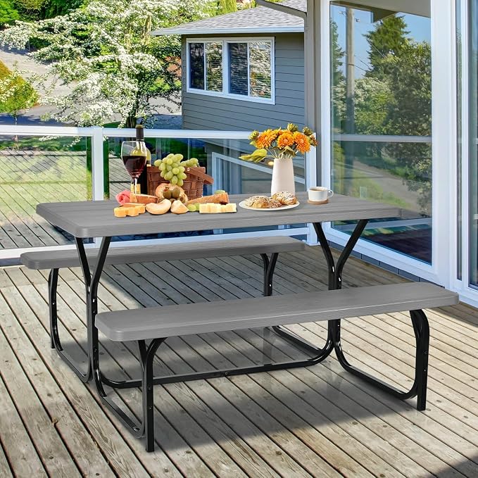 Picnic Table, Outdoor Table Bench Set with Metal Frame & Wood-Like Texture, Large Picnic Table with All Weather-Resistant Tabletop, Camping Picnic Tables for Patio, Lawn, Dining Party, Grey