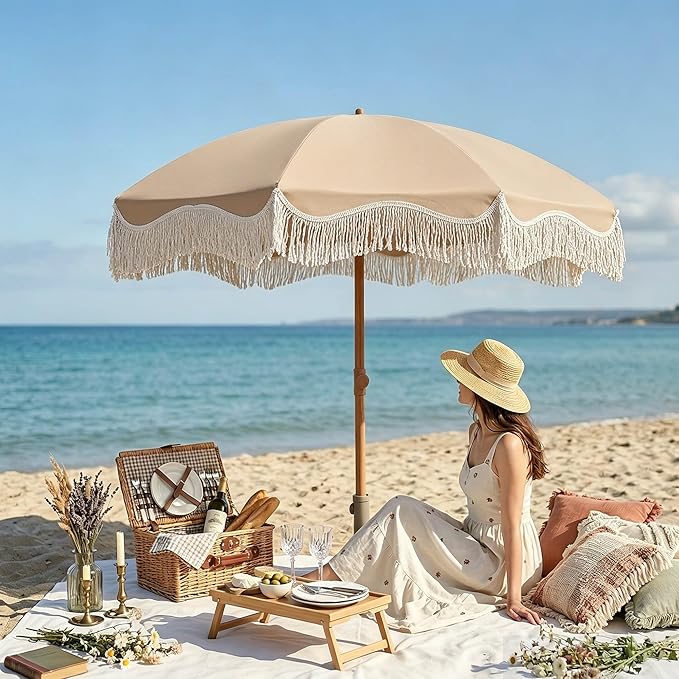 7ft Patio Umbrella with Fringe, Boho Beach Umbrellas, Outdoor Tassels Umbrellas with Push Button Tilt & Carrying Bag, 8 Windproof Fiberglass Ribs, UPF50+