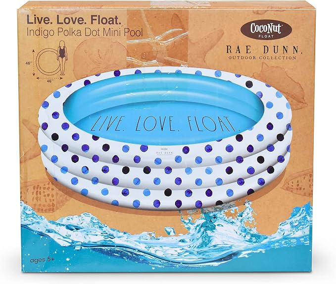 Rae Dunn x CocoNut Float Indigo Polka Dot Mini Pool - Live Love Float Theme - Inflatable Swimming Pool for Kids - Great Splash Pool for Backyard, Summer Parties & Swim Events