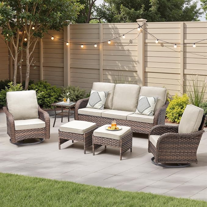 6 PCS Patio Furniture Set, Outdoor Wicker Sofa & 2 Swivel Rocking Chairs with 2 Ottomans & Side Table, 4-Inch Thick Olefin Cushions, 300 lbs Capacity Rattan Conversation Set for Porch, Beige