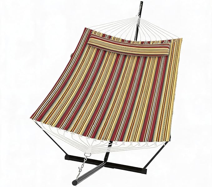 Double Hammock with Stand and Pillow – Heavy Duty Outdoor, Supports 450 Lbs, Balance Rope Included, for Backyard, Patio, and Camping, Red-Yellow Stripe