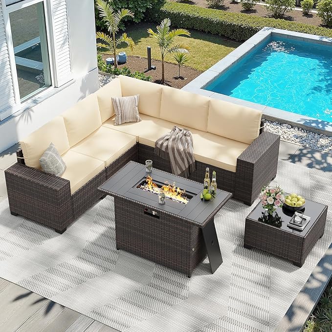 Soohow 7-Piece Patio Furniture Set with 44" Fire Pit Table, Outdoor Sectional Wicker Rattan Conversation Set for Garden, Porch, Backyard - Beige Cushions