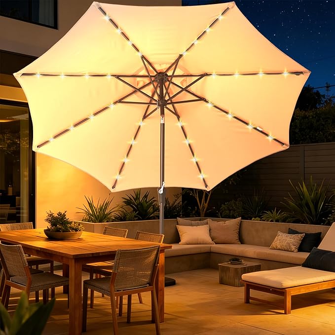 9FT Solar-Powered LED Patio Umbrella with Tilt Crank,Outdoor Market Umbrella with 32 Lights,Sunshade for Deck, Garden and Pool