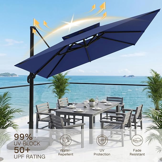 Kingdura Cantilever Patio Umbrella with Double Top Vent, Large Square Aluminum Outdoor Offset Umbrella with 360-degree Rotation, Infinite Tilt, UV Protection for Pool Deck Garden Patio