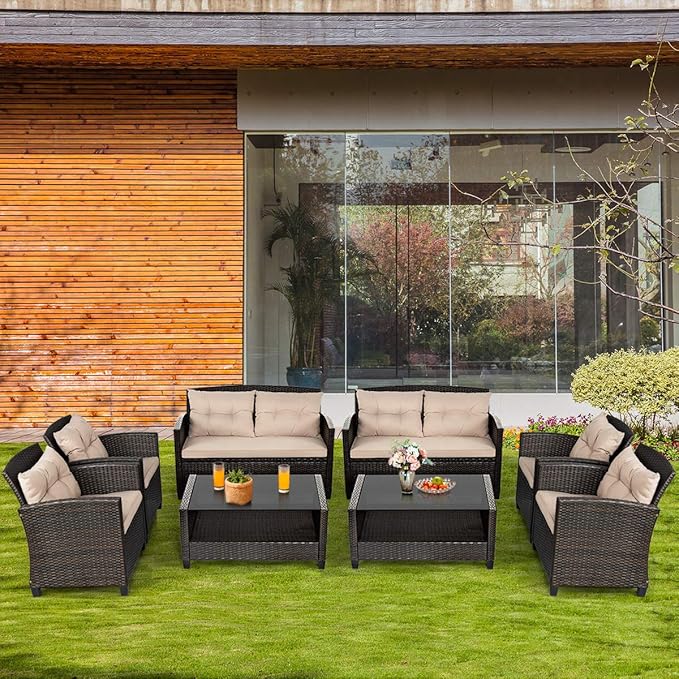 Tangkula 8-Piece Outdoor Rattan Furniture Set, PE Rattan Wicker Sectional Sofa with Loveseat Chair & Glass Table, Patio Cushioned Conversation Sets for Backyard Porch Garden Poolside (2, Brown)