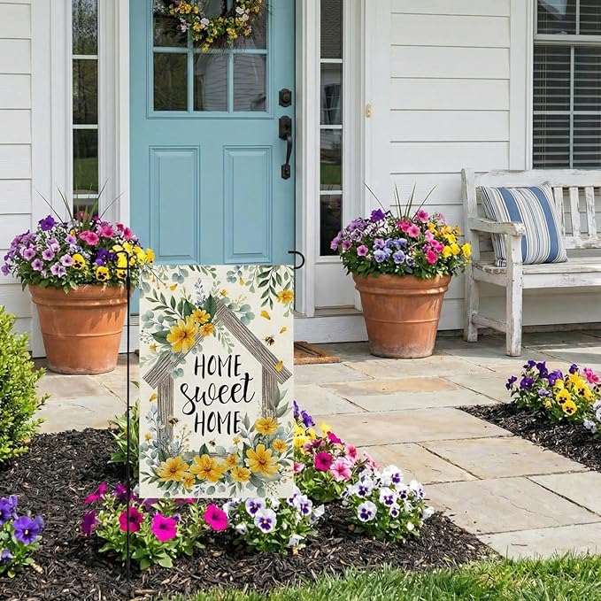 CROWNED BEAUTY Spring Home Sweet Home Garden Flag Eucalyptus Yellow Wildflowers Welcome 12x18 Inch Double Sided Small Floral Seasonal Holiday Decoration for Outdoor Lawn Yard
