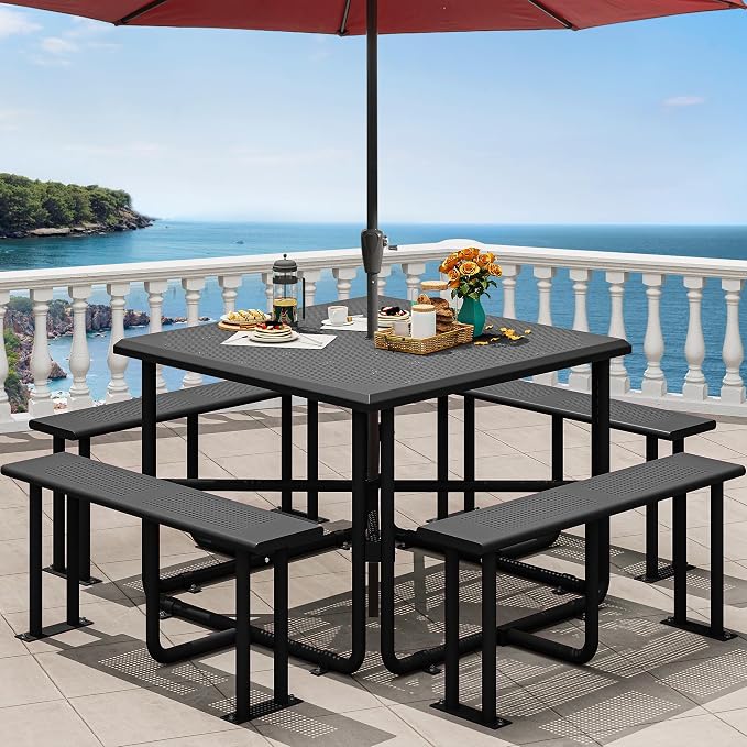 YITAHOME 37in icnic Table with Umbrella Hole, Outdoor Heavy-Duty Portable Picnic Table, Coated Steel Commercial Grade Table for a Lifetime