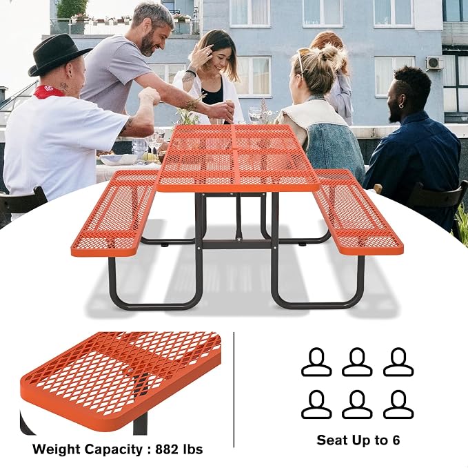 Picnic Tables for Outdoors with Umbrella Hole-Coated Steel Heavy Duty Commercial Grade Table with Seats,Commercial Metal Picnic Tables,Heavy Rectangular Furniture Set for a Lifetime (Orange)