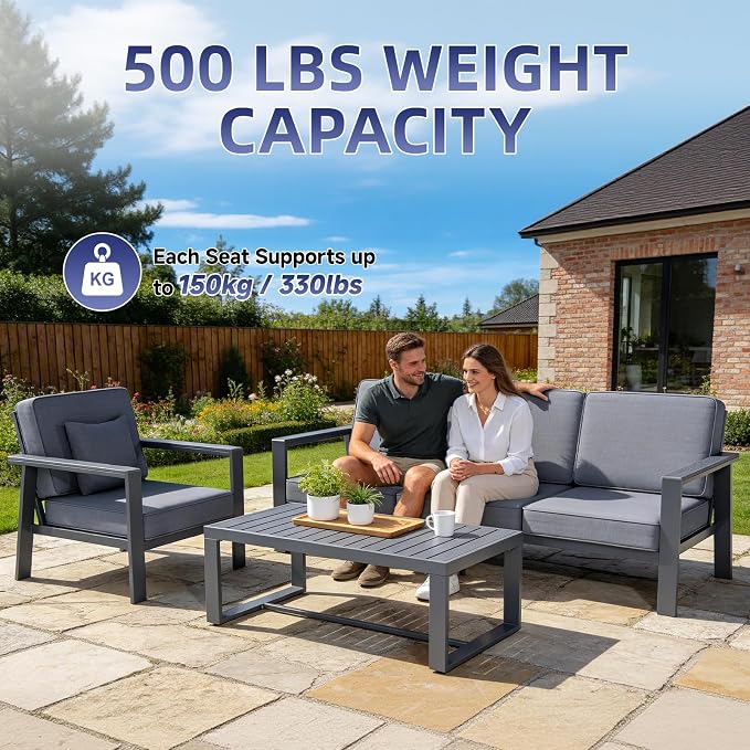 Premium Aluminum Patio Furniture Set 5 Piece,Outdoor Conversation Set with Wide Armrests,5" Thick Cushions, Olefin Fabric,Rustproof Metal Frame,Deep Seating Patio Sofa Set for Backyard,Deck,villa,Gray