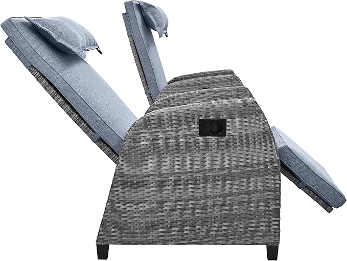 LUMISOL Outdoor Recliner Chairs Set of 2, 3 Piece Rattan Sofa Set, Patio Rocking Chairs Set with Adjustable Footrest, Outdoor Rattan Reclining Chairs with Table & Pillow for Backyard, Porch (Grey)