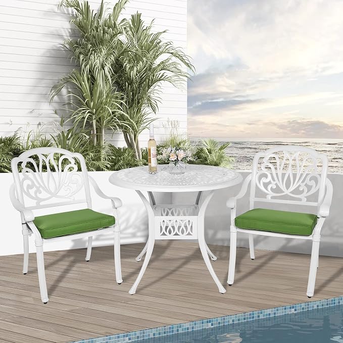 3-Piece Outdoor Patio Dining Set, All-Weather Cast Aluminum Patio Furniture Set for Backyard Garden Deck with 2 Cushioned Chairs and 35.4” Round Table, 2" Umbrella Hole, White
