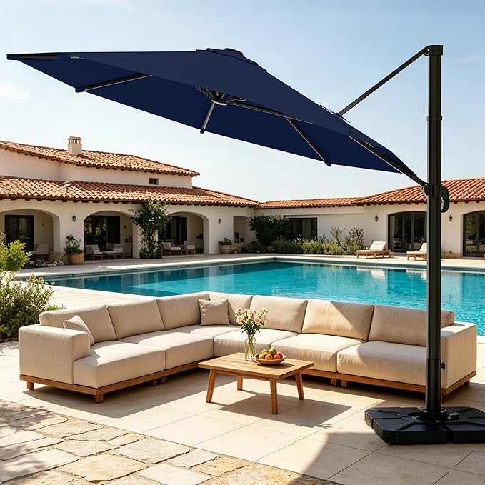 AreShark 11FT Cantilever Patio Umbrella, 360-Degree Rotation Round Hanging Offset Umbrella with Crank, Heavy Duty Patio Umbrella for Patio, Pool, Garden, Deck, Navy