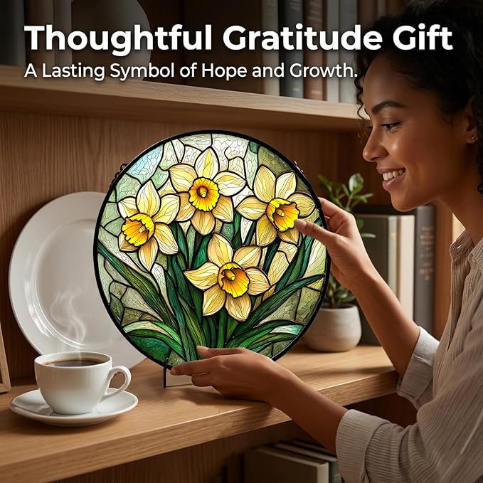 Birthday Gifts for Women - Yellow Daffodils Faux Stained Glass Window Hanging Sun Catcher for Door Garden Acrylic Decor Mother's Day Christmas for Mom Men Nana Grandma Sisters 7.8"
