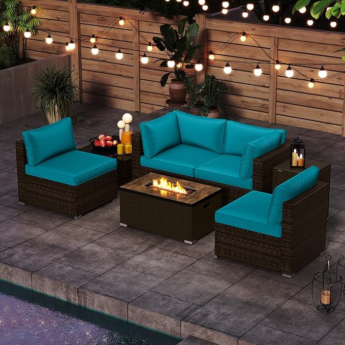 Tangkula 7 Pieces Outdoor Sectional Sofa Set Set with 32” Fire Pit Table and Propane Tank Cover, for Deck, Garden and Backyard, Fire Pit Protective Cover Included (Turquoise)