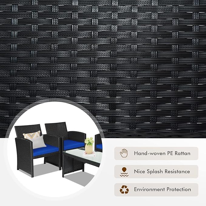 DORTALA 4 Pieces Patio Wicker Conversation Furniture Set, Outdoor Rattan Sofas with Bistro Sets with Coffee Table for Courtyard Balcony Wicker Chairs with Soft Cushion and Table, Navy