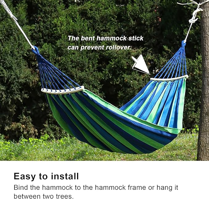 Camping Hammock Portable Outdoor Travel Lightweight Hammock with Hardwood Spreader Bar for Camping Hiking Made of Canvas Blue with Color Stripe Approx 240x150cm 1230g