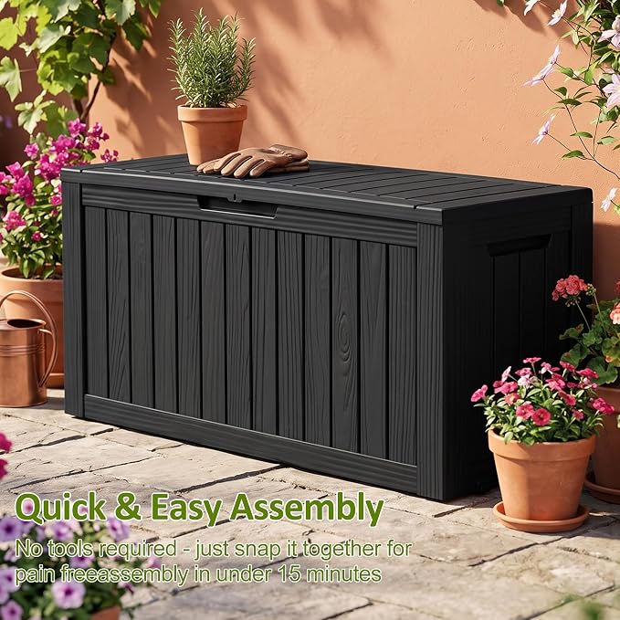 ROJIK 95 Gallon Outdoor Storage Box Waterproof,Weatherproof Deck Boxes Outdoor Lockable,Resin Outside Storage Box for Garden Tools,Cushions,Pool Accessories(Black)