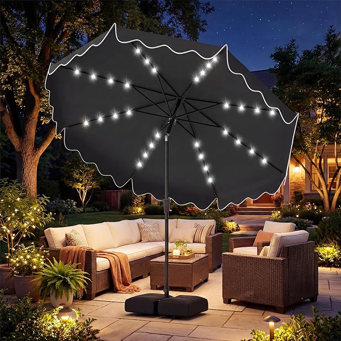 Tangkula 10 FT Solar Patio Umbrella with Base Included, 2-Tiers Outdoor Scalloped Table Umbrella with 32 LED Lights, 2 Sandbags, Tilt Adjustment, Crank, 8 Ribs for Market Backyard Pool Deck Beach Lawn (Gray, 10 FT)