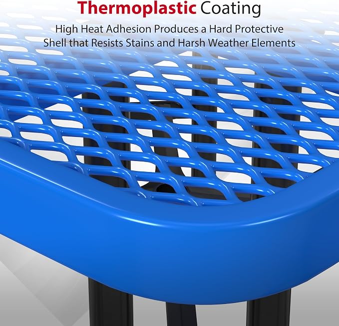 Leisure Craft Metal Picnic Table with Bench - 46" Square Outdoor Dining Table for 8 with Umbrella Hole, Weatherproof Heavy Duty Thermoplastic Coating, Commercial Grade Furniture Made in USA - Blue