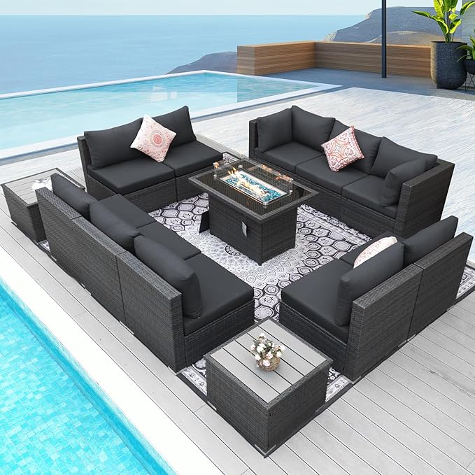 NICESOUL 13 Piece Outdoor Sectional Furniture with Firepit, Contemporary Back Yard Fireplace w/Seating Area, Plus Size 29.3'' High Back Patio Set, All-Weather Wicker Couch for Exterior, Dark Gray