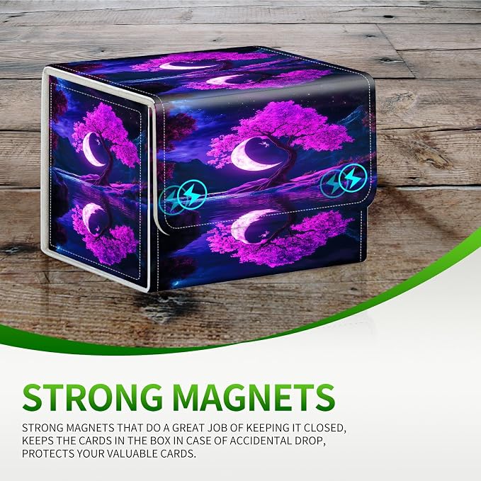Card Deck Box for MTG, Cards Storage Box Fits 120+ Sleeved, Leather Small Size Strong Magnetic Closing Card Case for Board Games Magic TCG CCG Baseball Collection, Purple Moon Tree