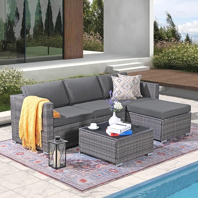 Patiorama 5 Piece Outdoor Patio Furniture Set, Outdoor Sectional Conversation Set, All-Weather Grey PE Wicker w/Dark Grey Cushions, Outdoor Backyard Porch Garden Poolside Balcony Furniture Set