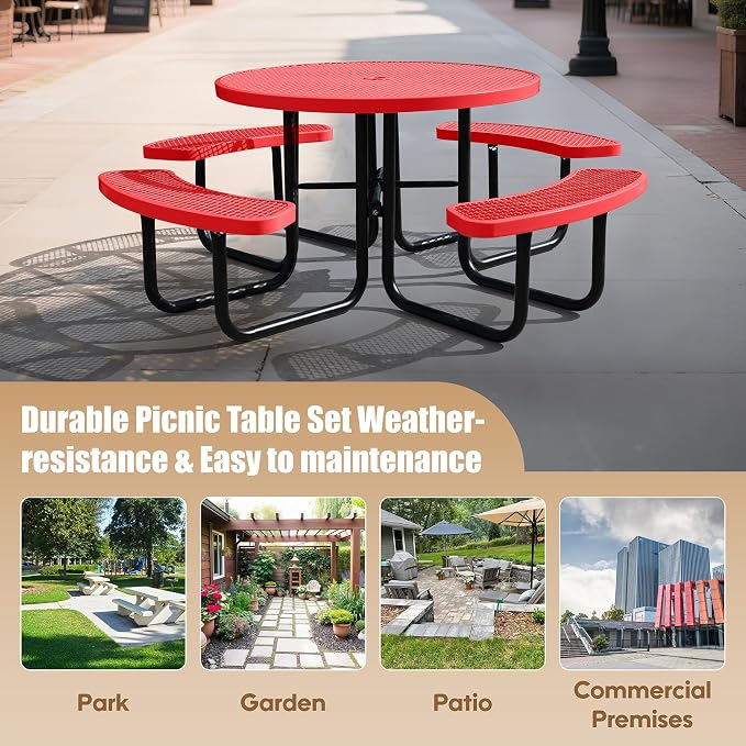46" Round Picnic Tables for Outdoors,Commercial Metal Picnic Table Bench Set W/ Umbrella Hole,Restaurant School Canteen Tables W/Seats - Heavy Duty Sturdy Picnic Tables for Patio Garden Coffee Shop