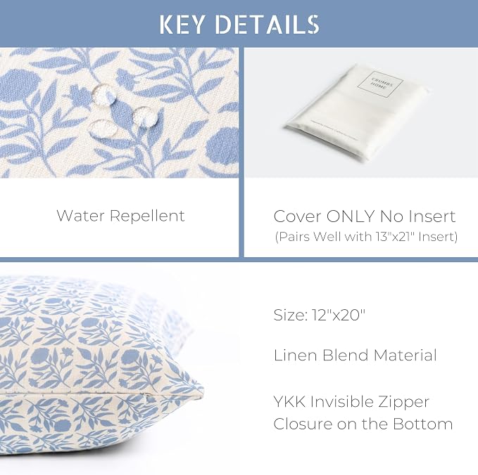 California Casual Coastal Indoor Outdoor Lumbar Pillow Cover, 12"x20" Water Repellent for Patio, Backyard, Couch, Poolside, Light Blue Print Floral and Leaves Geometric