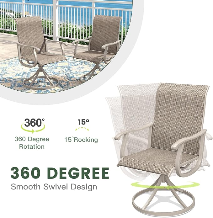 Outdoor Dining Set for 4, 40.7" Metal Round Outdoor Dining Table with Umbrella Hole and Sling Patio Swivel Chairs, 5 Pieces Patio Table and Chairs Set for Garden Backyard, Sandshell